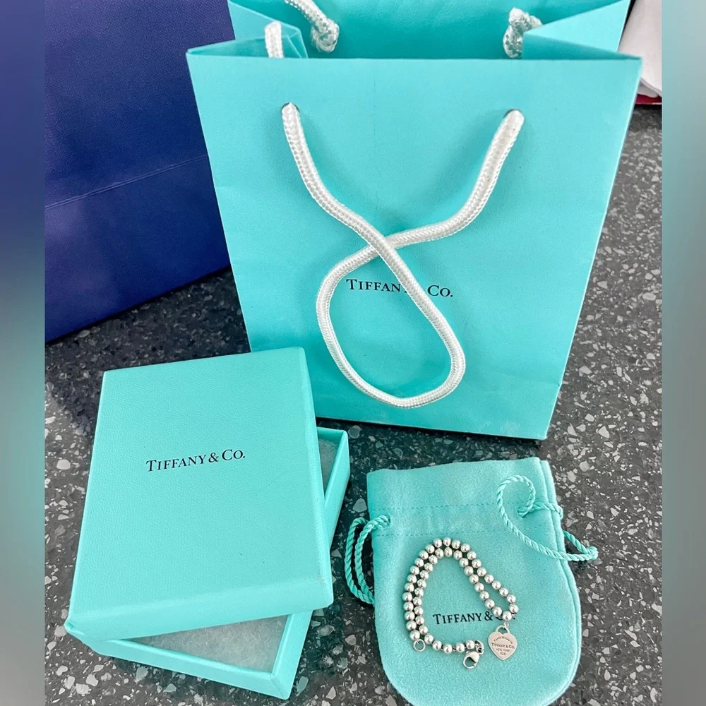 Tiffany Heart Tag Bead Bracelet in Silver 7.5 in - Picture 1 of 6